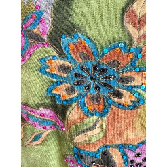 CJ Banks Beaded Blue Green Peach Floral Print Top‎ Blouse 1X Glam Sparkle Garden - Picture 2 of 7